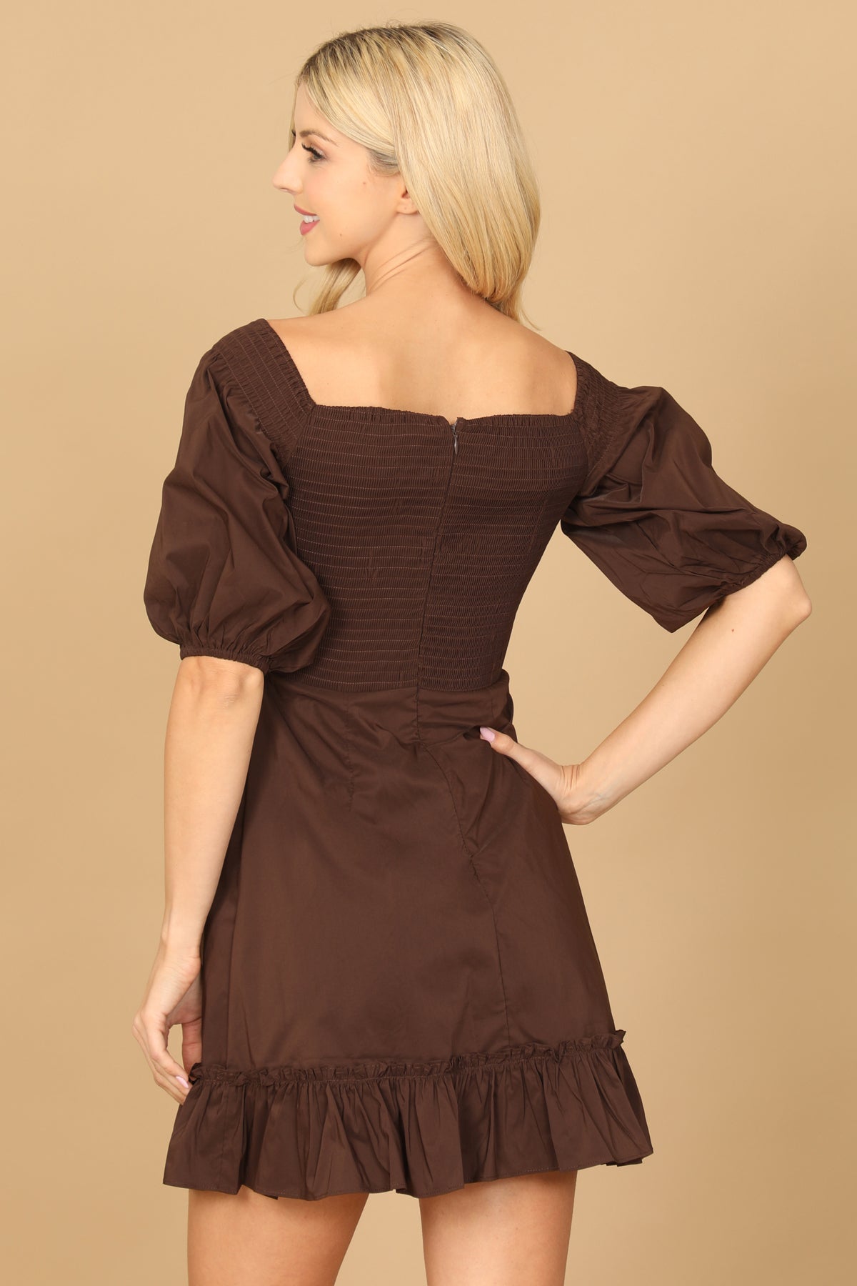Puff Sleeve Smocked Ruffle Hem Solid Dress