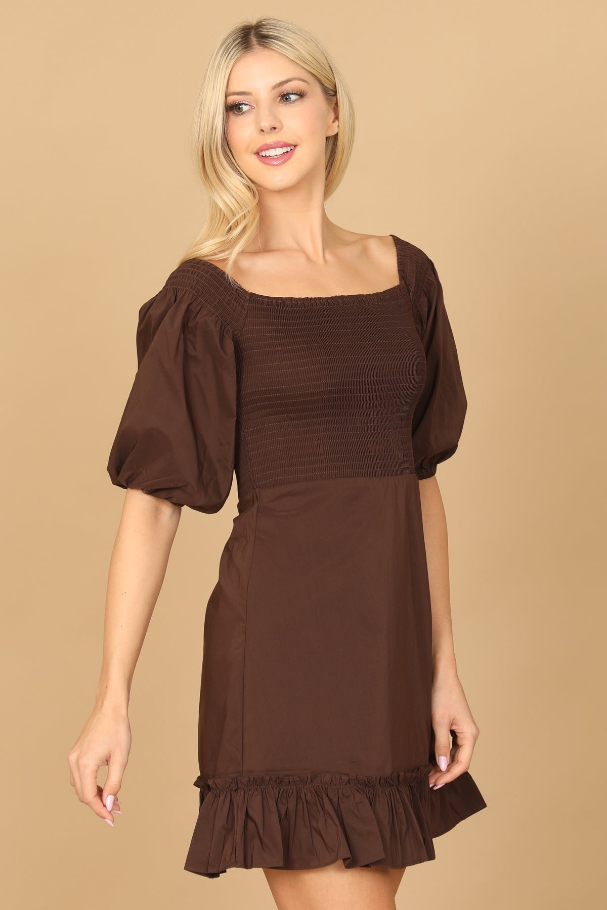Puff Sleeve Smocked Ruffle Hem Solid Dress
