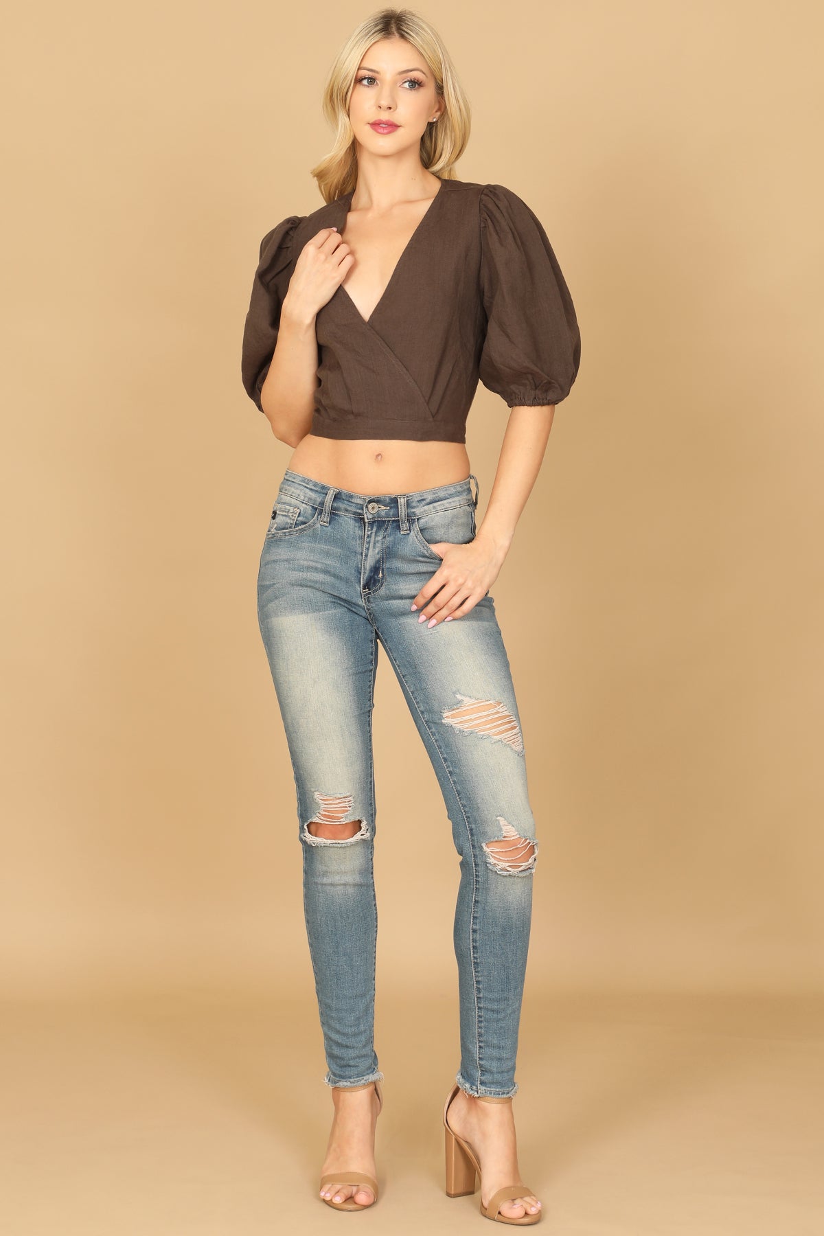Puff Sleeve Wrap Solid Crop Top