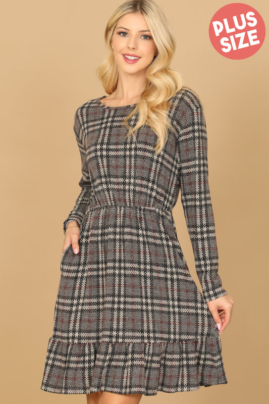 Plus Size Grey Black Long Sleeve Plaid Ruffle Hem Dress