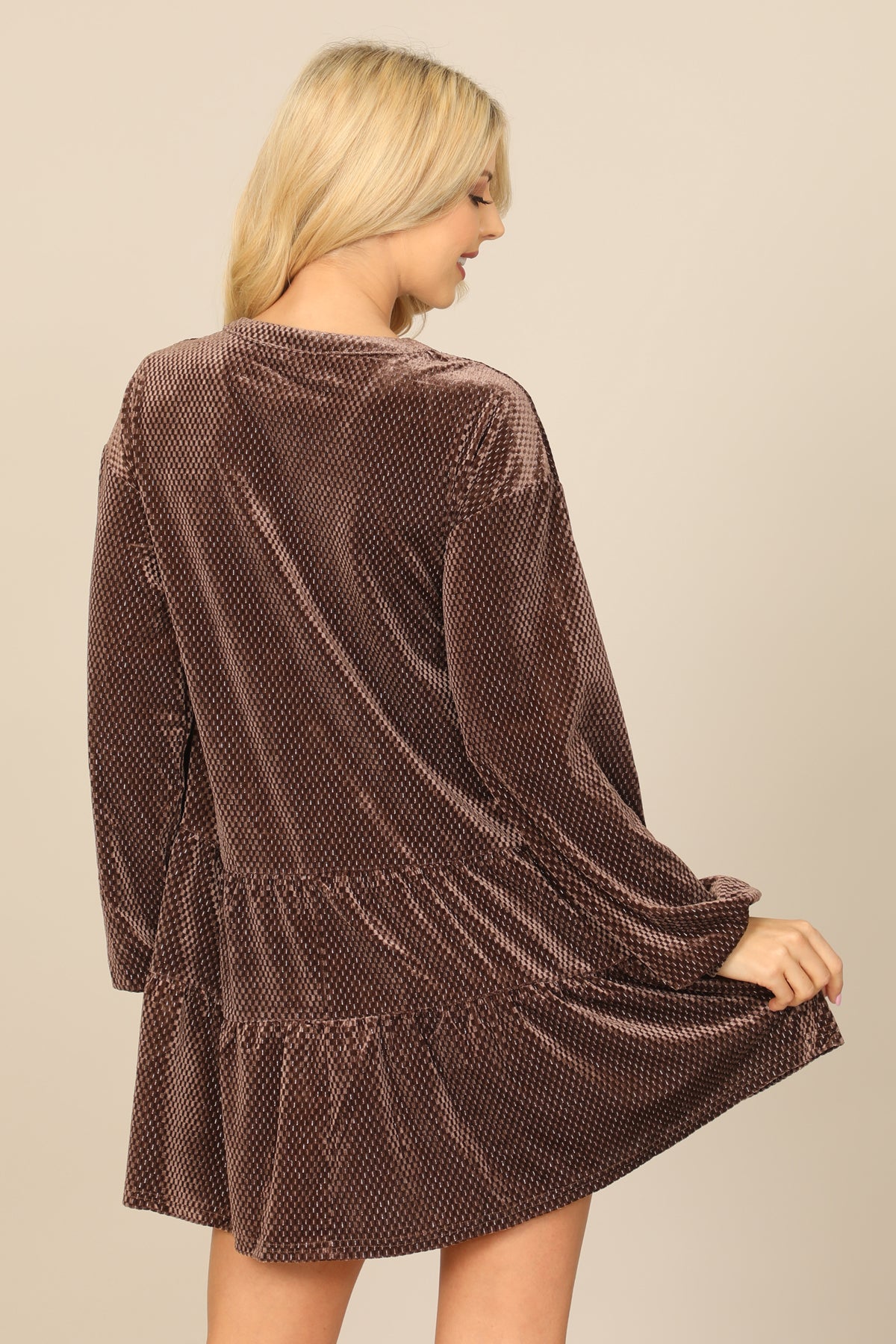 Velvet Long Puff Sleeve Button Detail Silver Detail Dress