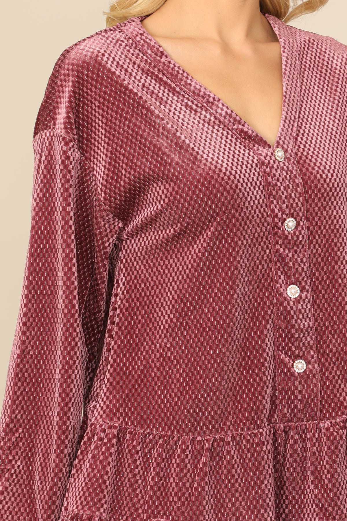 Velvet Long Puff Sleeve Button Detail Silver Detail Dress