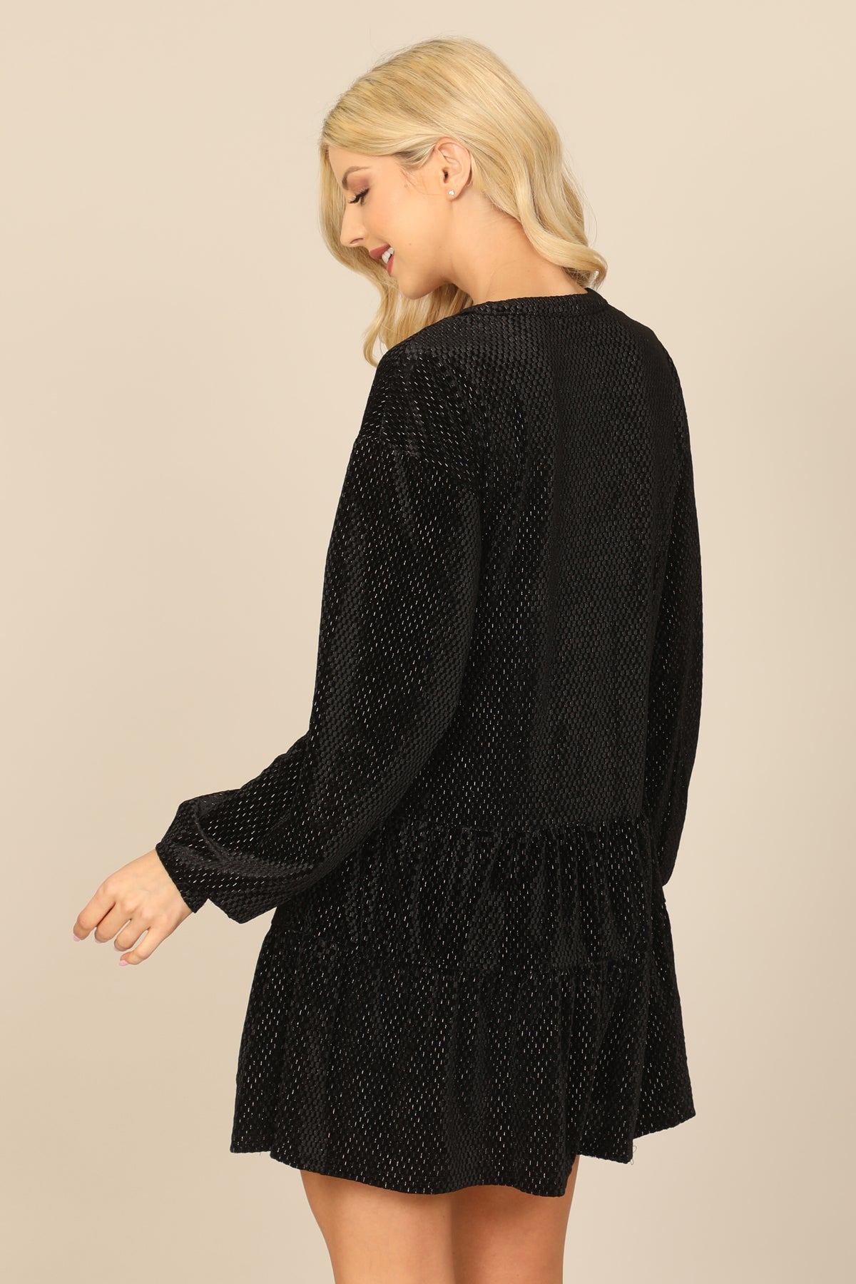 Velvet Long Puff Sleeve Button Detail Silver Detail Dress