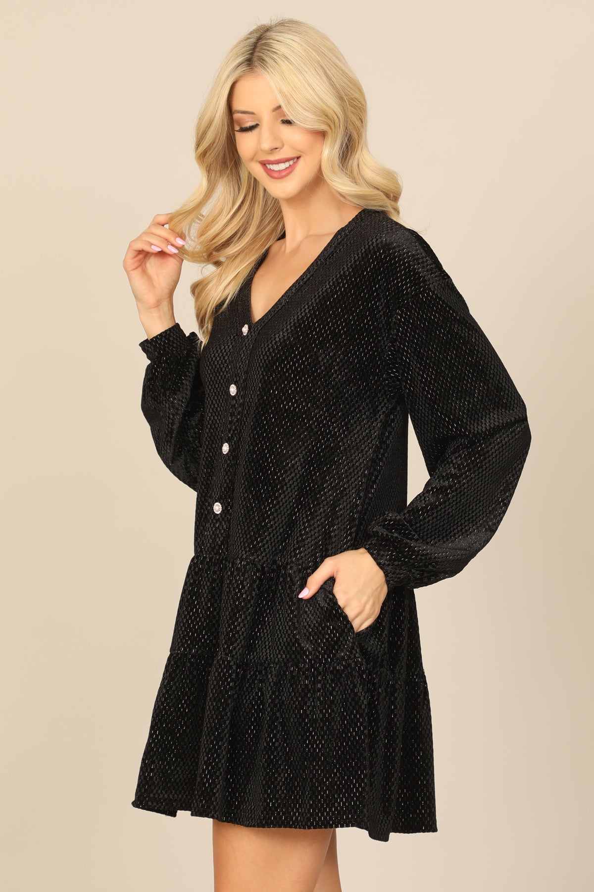 Velvet Long Puff Sleeve Button Detail Silver Detail Dress