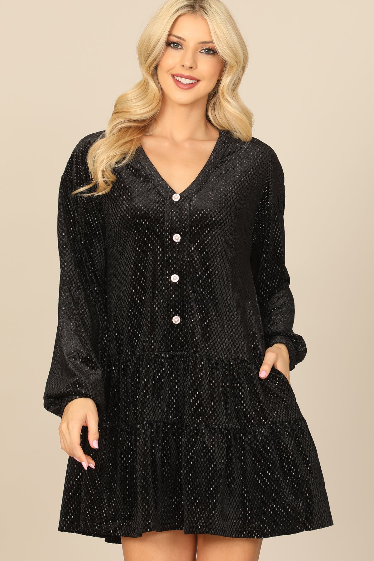 Velvet Long Puff Sleeve Button Detail Silver Detail Dress