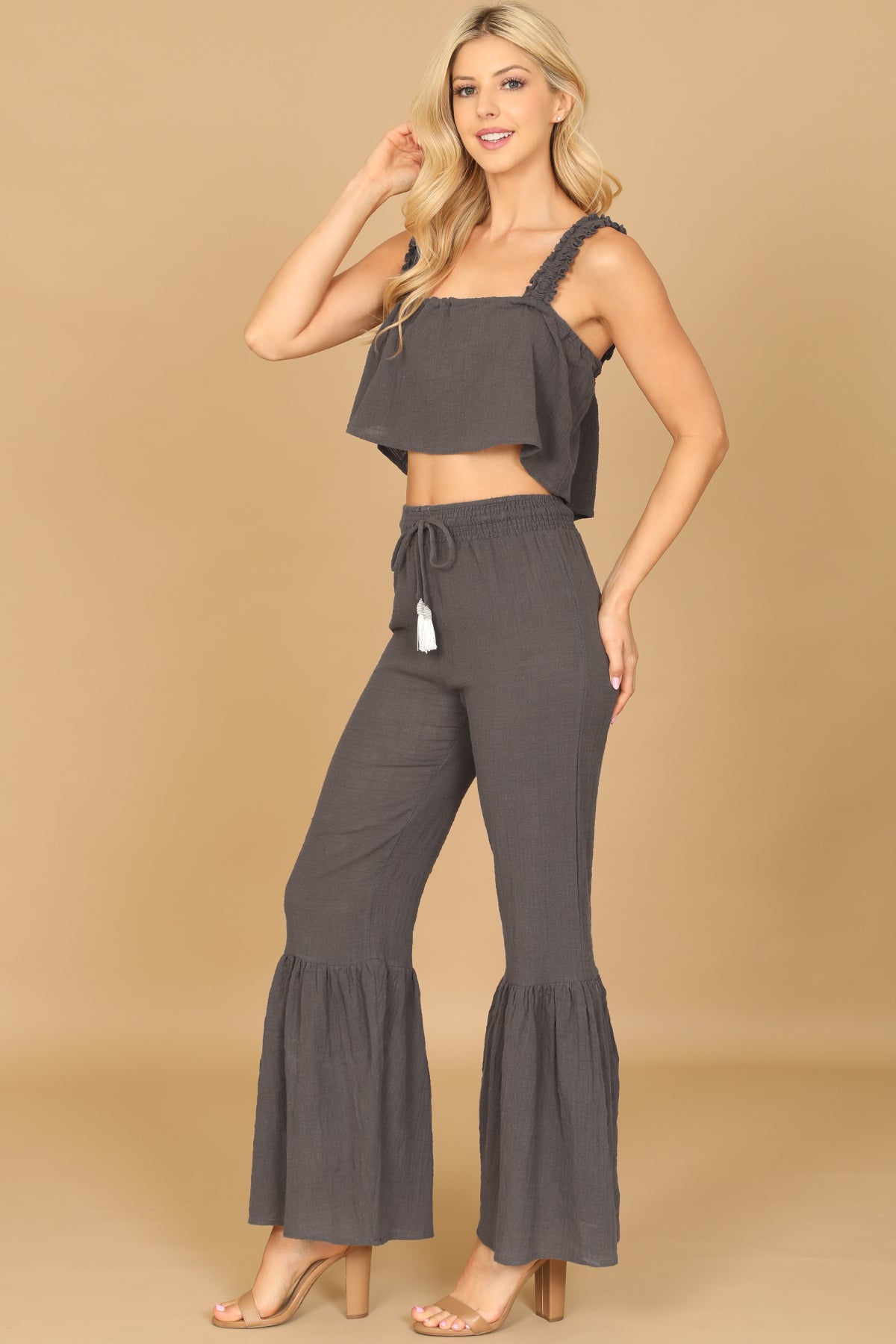 Ruffle Strap Crop Top & Tassel Tie Flare Pants Set