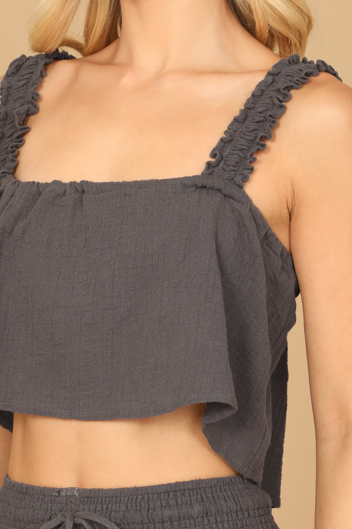Ruffle Strap Crop Top & Tassel Tie Flare Pants Set