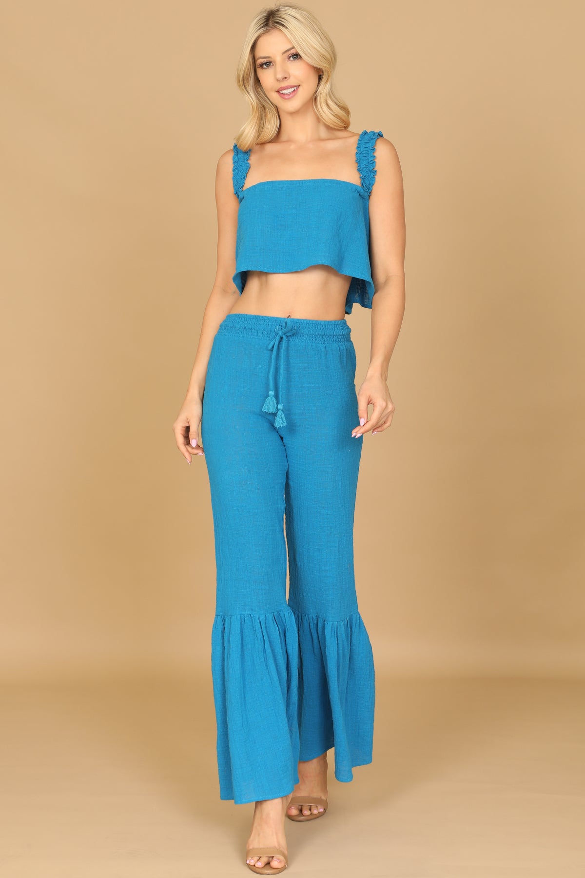 Ruffle Strap Crop Top & Tassel Tie Flare Pants Set