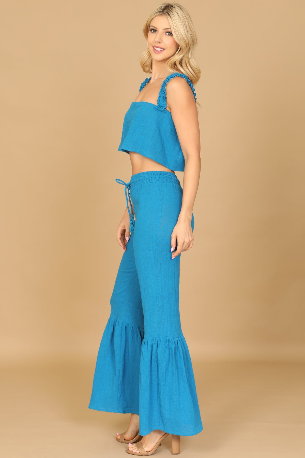 Ruffle Strap Crop Top & Tassel Tie Flare Pants Set