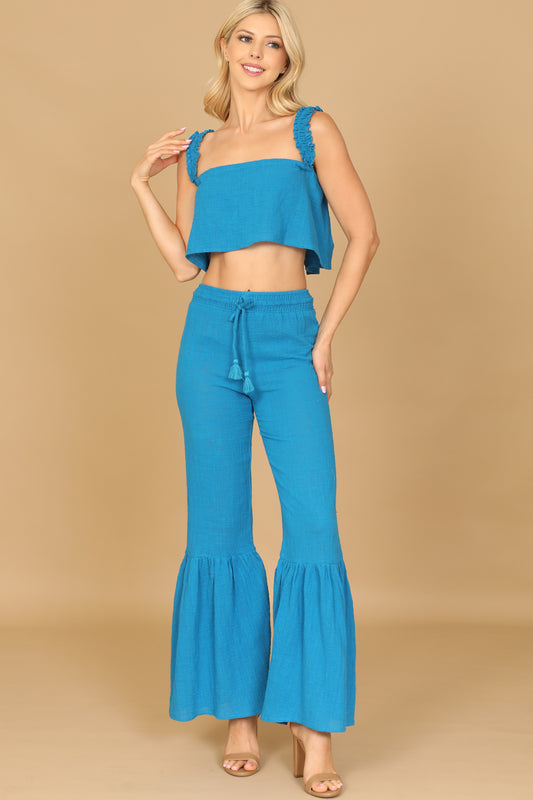 Ruffle Strap Crop Top & Tassel Tie Flare Pants Set