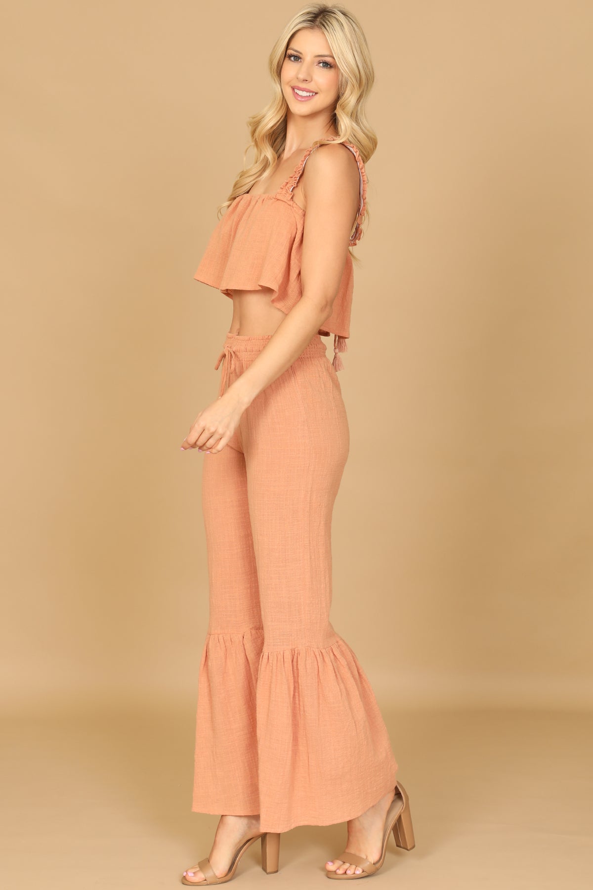 Ruffle Strap Crop Top & Tassel Tie Flare Pants Set