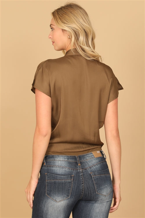 Solid Surplice Wrap Front Short Sleeve Bodysuit