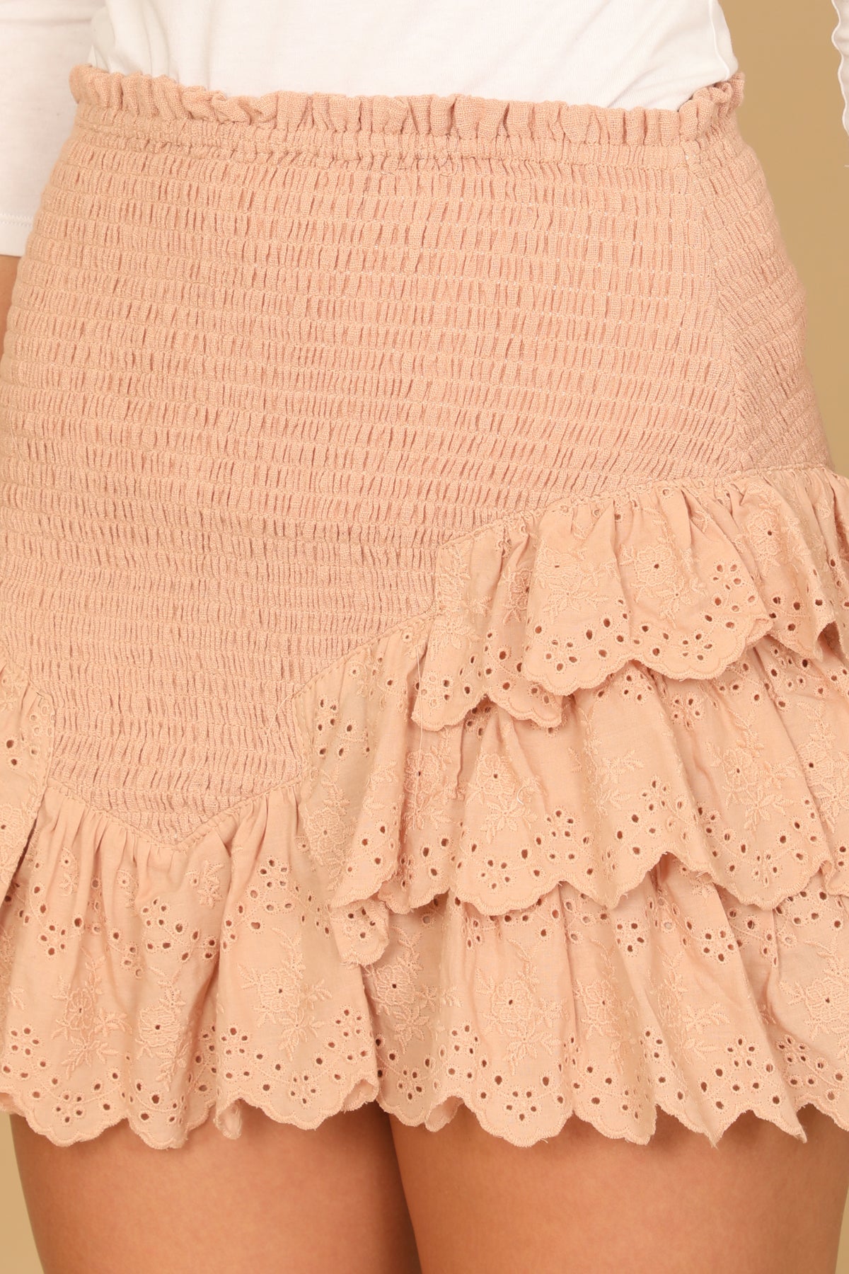 Smocked Waist Eyelet Detail Ruffle Mini Skirt