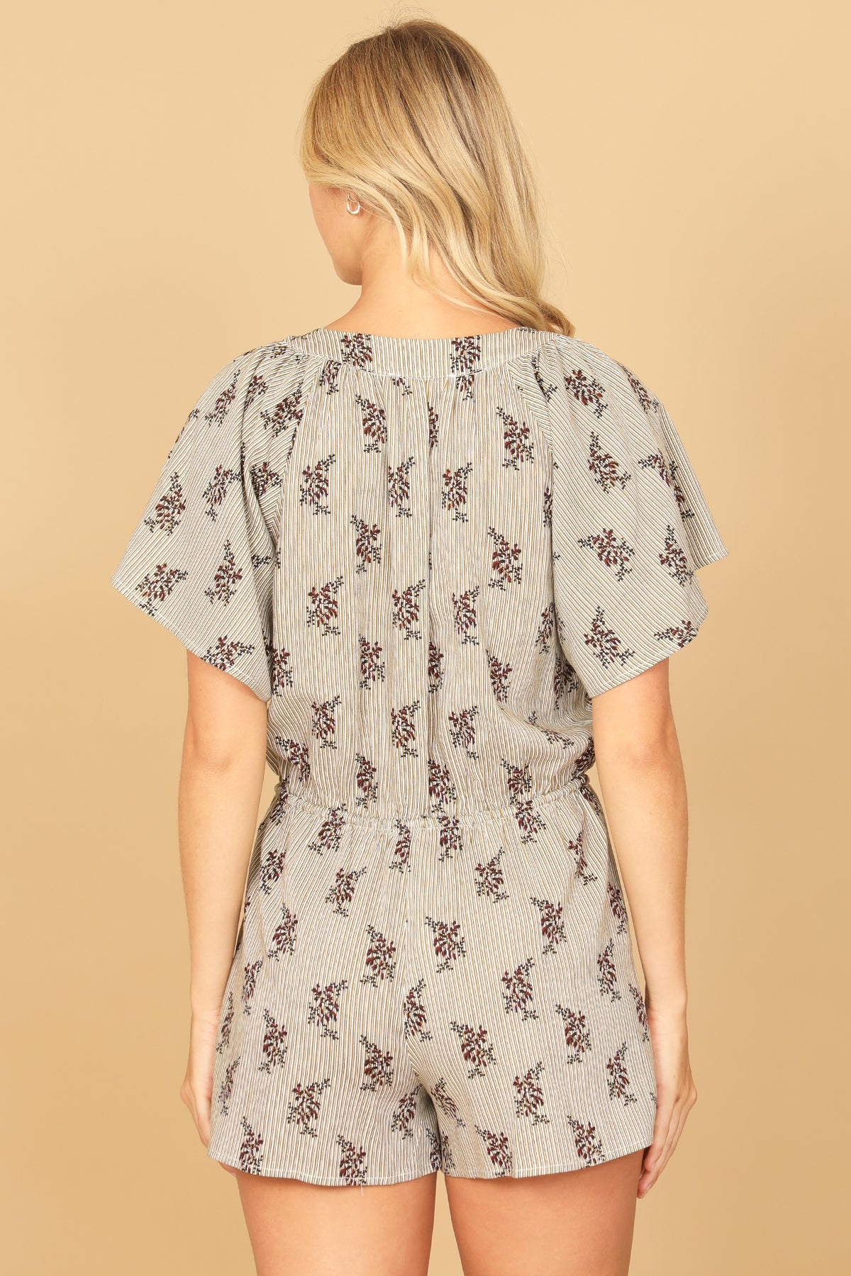 Butterfly Sleeve Button Waist Tie Stripe Floral Romper