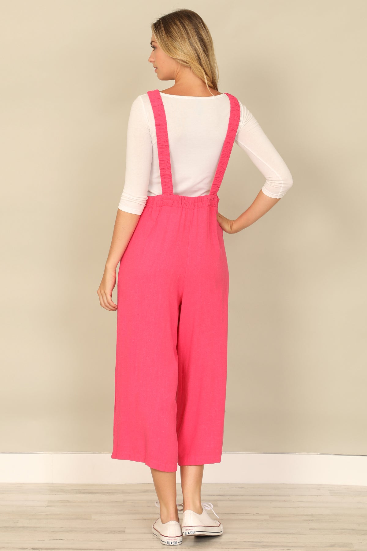 Wide Leg Pocket Linen Blend Overall Jumpsuit