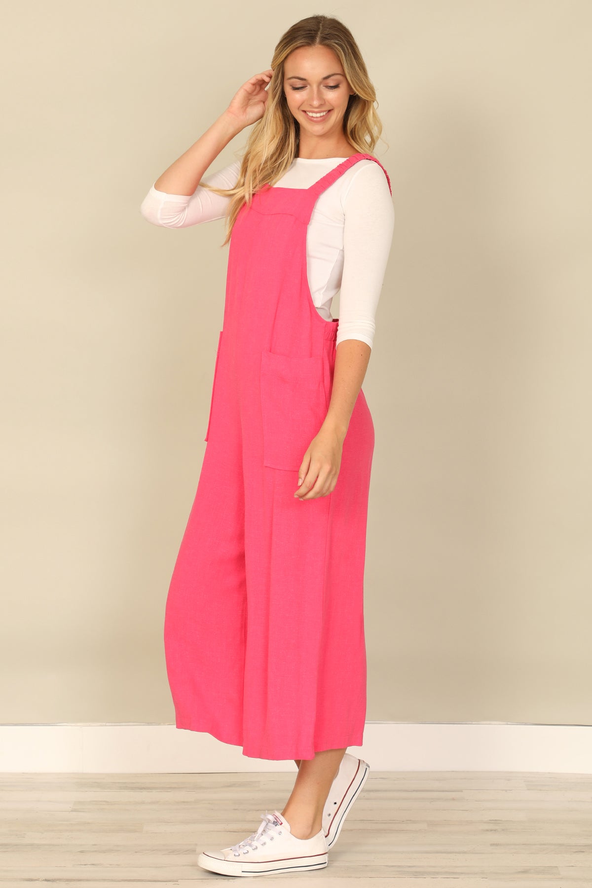 Wide Leg Pocket Linen Blend Overall Jumpsuit