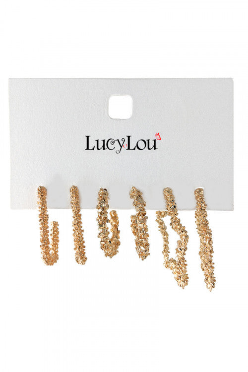 Gold 3 Pairs On A Card Popcorn Texture Fashion Earrings Set