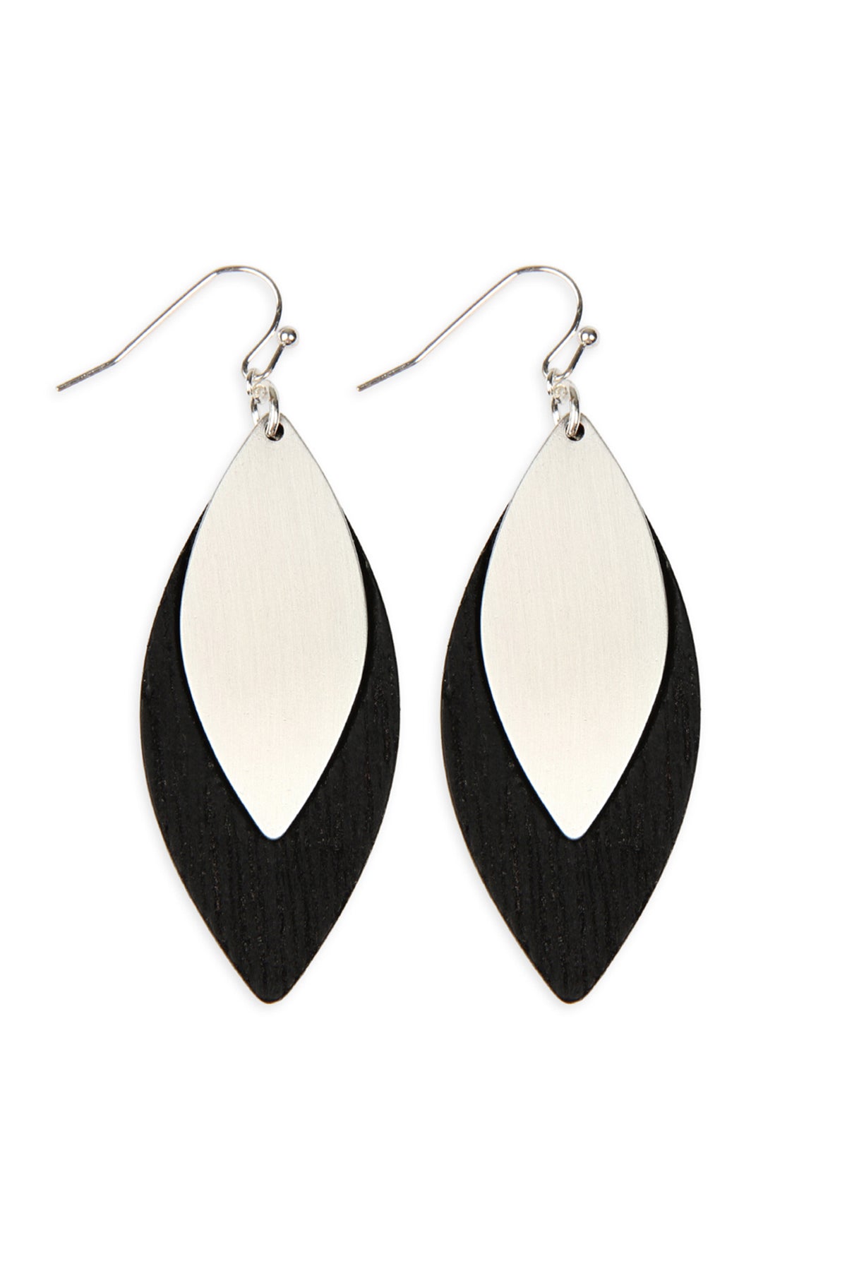 Satin Metal Wood Earrings Silver Black