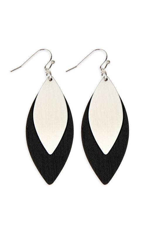 Satin Metal Wood Earrings Silver Black