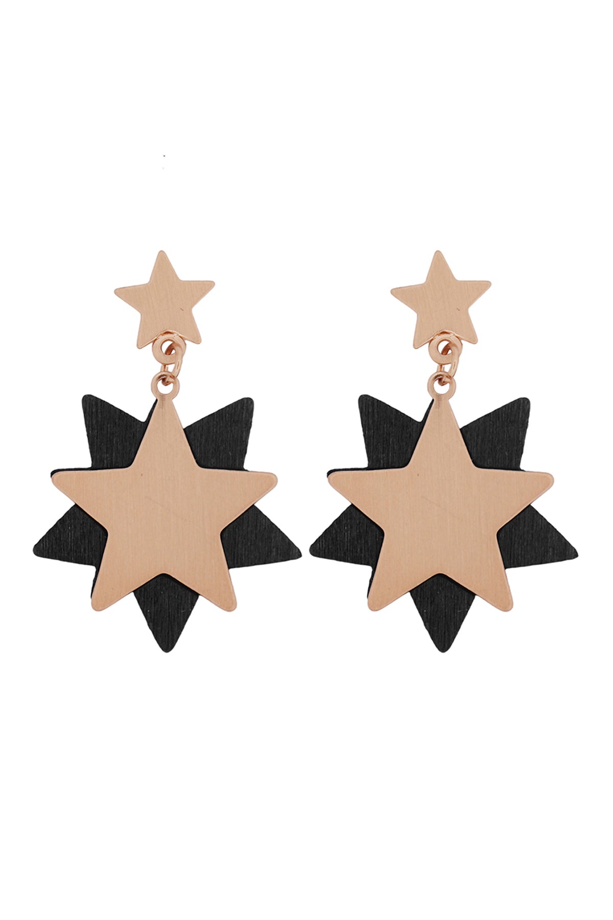 Starry Wood Dangle Post Earrings Black Gold
