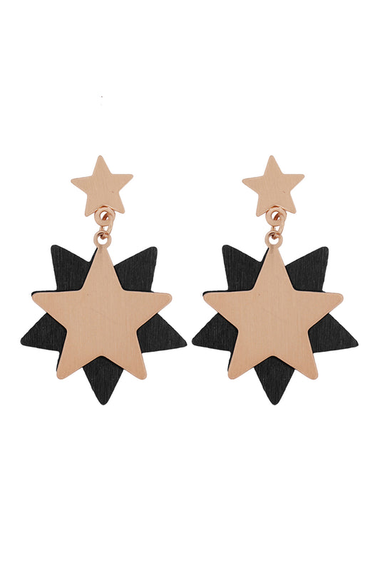 Starry Wood Dangle Post Earrings Black Gold