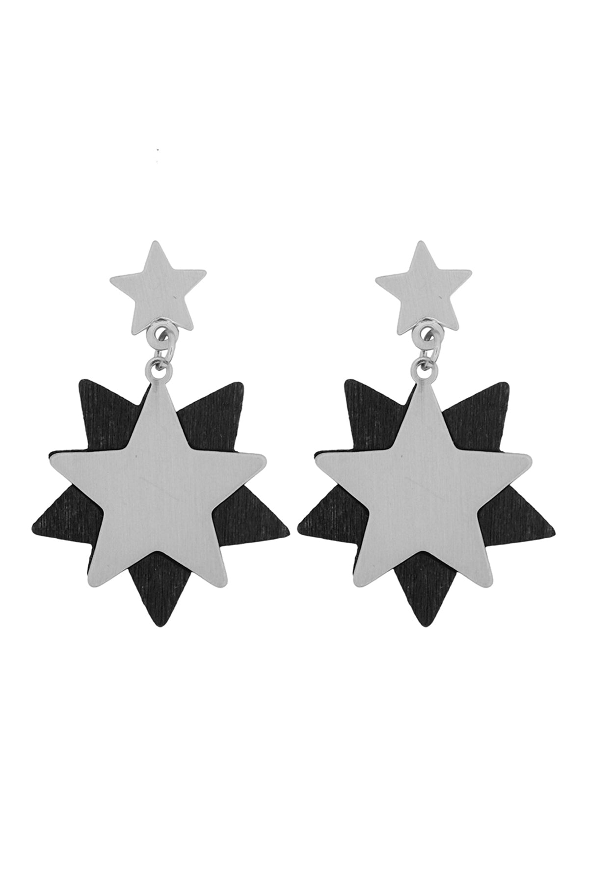 Starry Wood Dangle Post Earrings Silver Black