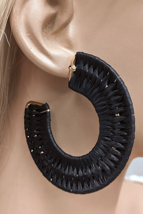 Black Hoop Braided Raffia Earrings