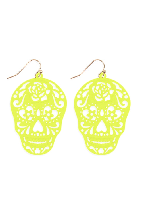 Halloween Skull Color Coating Filigree Earrings Neon Yellow