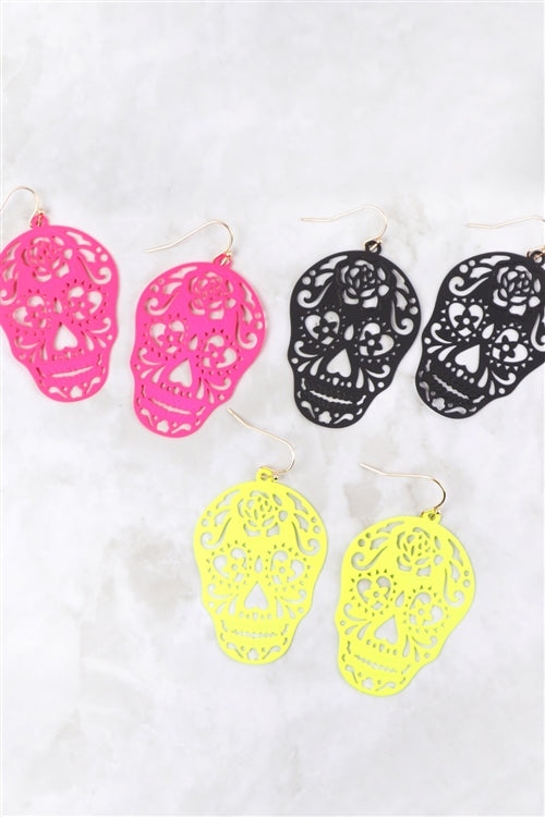 Halloween Skull Color Coating Filigree Earrings Neon Yellow