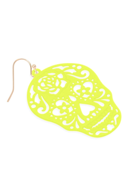 Halloween Skull Color Coating Filigree Earrings Neon Yellow