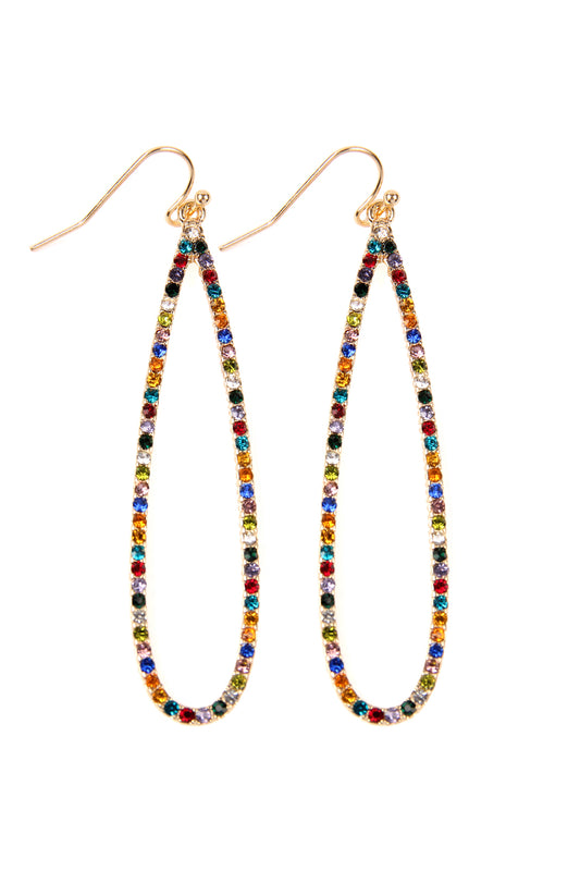 Pave Long Teardrop Fish Hook Earrings Gold Multicolor