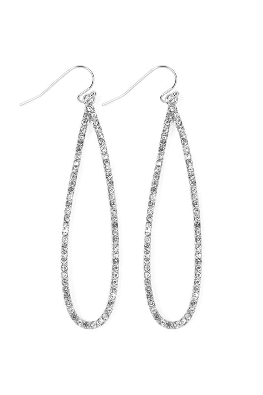 Pave Long Teardrop Fish Hook Earrings Silver Crystal