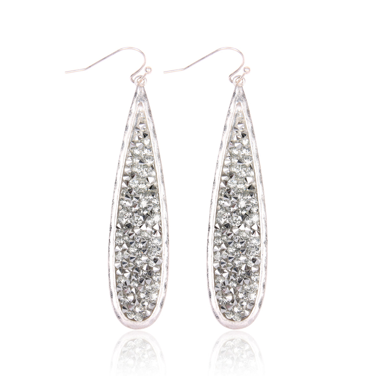 Glitter Faceted Teardrop Earrings Silver Rhodium