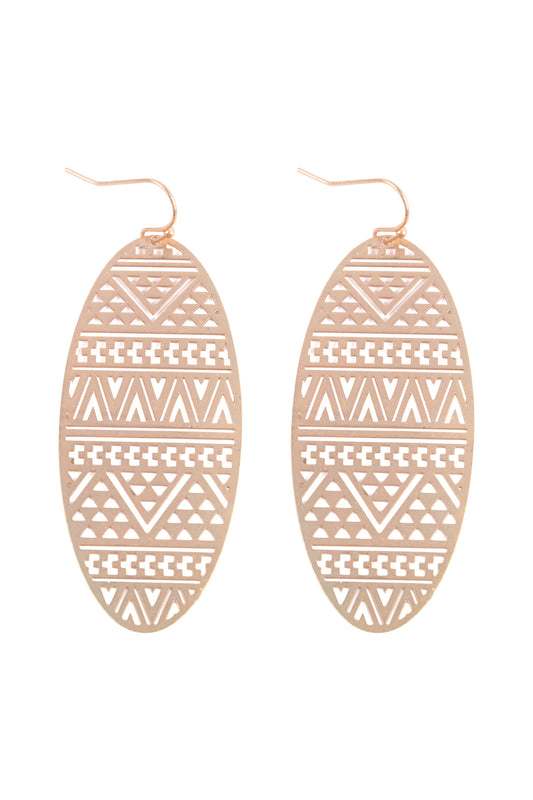 Oval Shape Tribal Pattern Fili Fish Hook Earrings Matte Gold