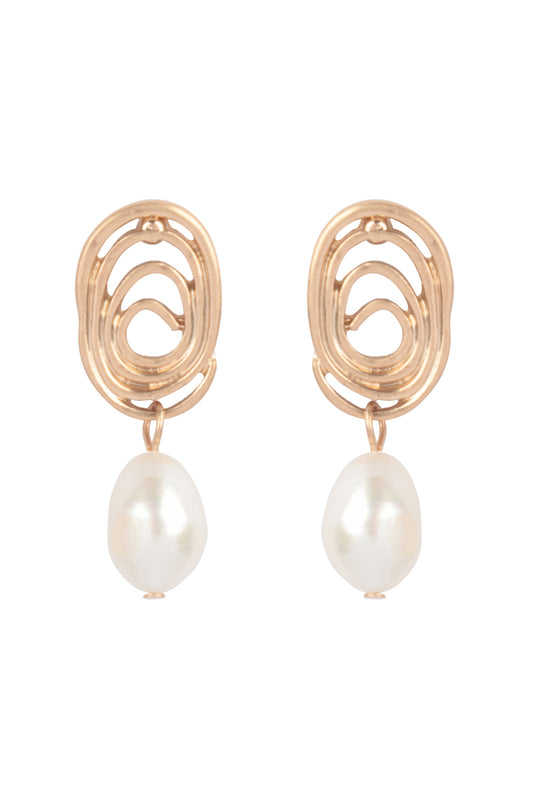 Oval Swirl With Fresh Water Pearl Earrings Gold