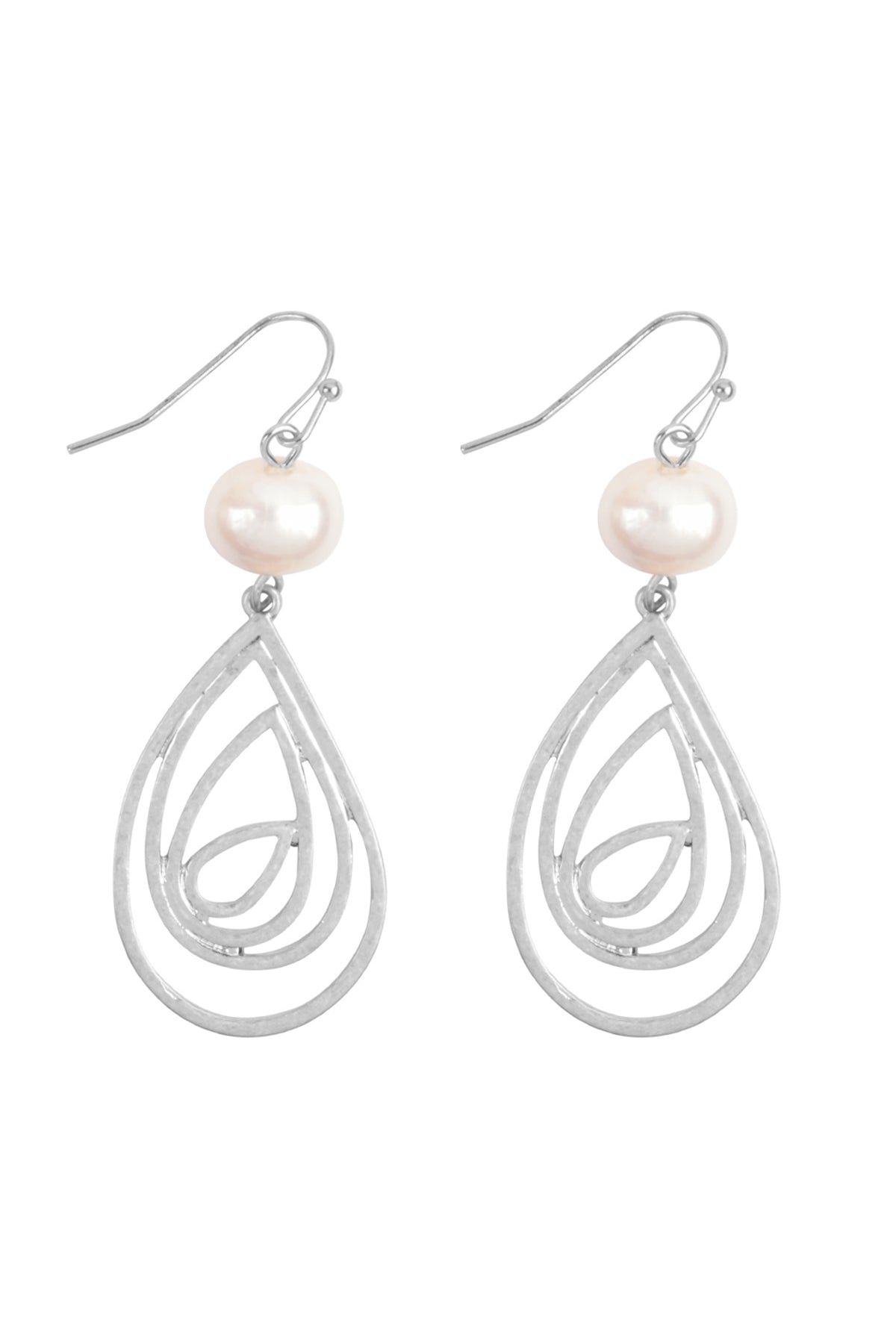 Teardrop Swirl With Pearl Fish Hook Earrings Silver