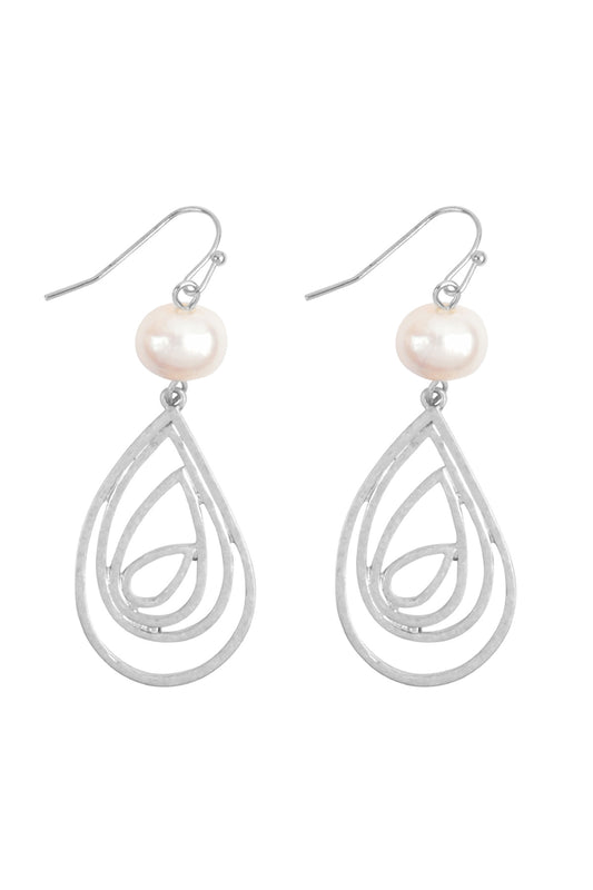Teardrop Swirl With Pearl Fish Hook Earrings Silver