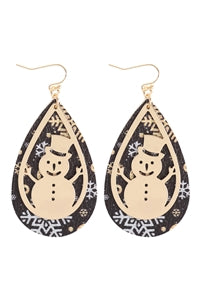 Christmas Snowman Metal Leather Layered Fish Hook Earrings Black