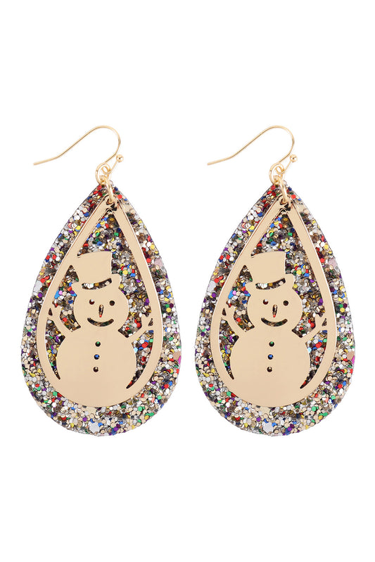Glitter Christmas Snowman Layered Teardrop Earrings Gold Multicolor
