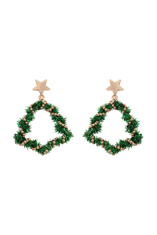 Christmas Wreath Star Tinsel Drop Earrings Green