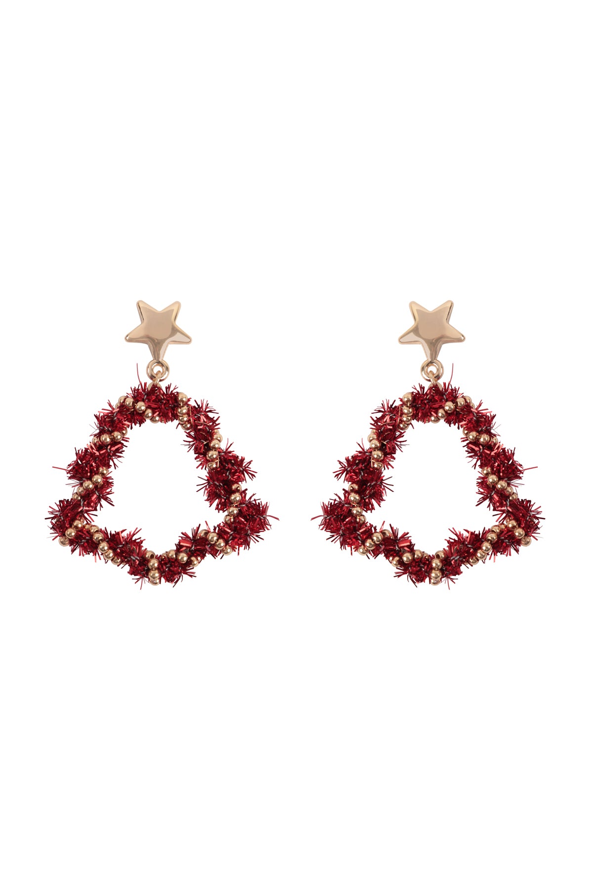 Christmas Wreath Star Tinsel Drop Earrings Red