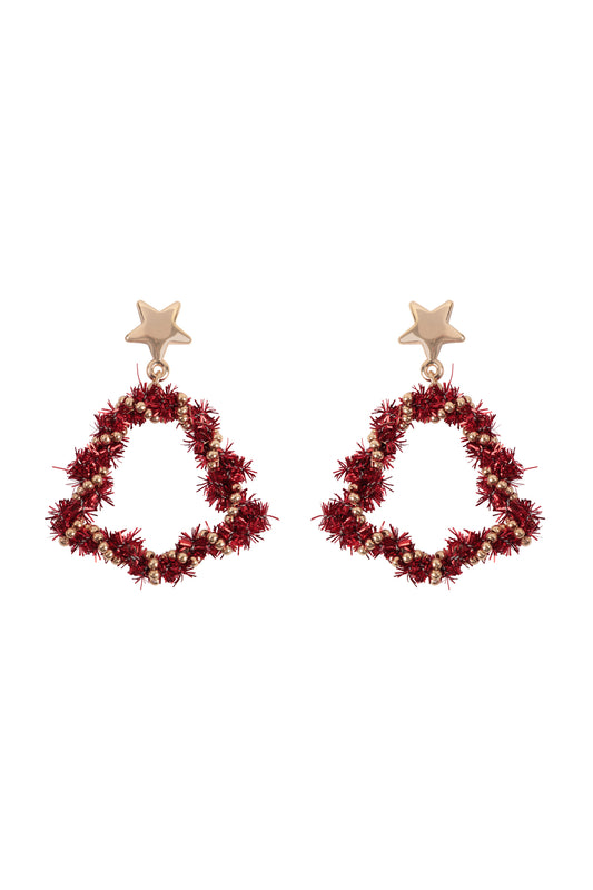 Christmas Wreath Star Tinsel Drop Earrings Red