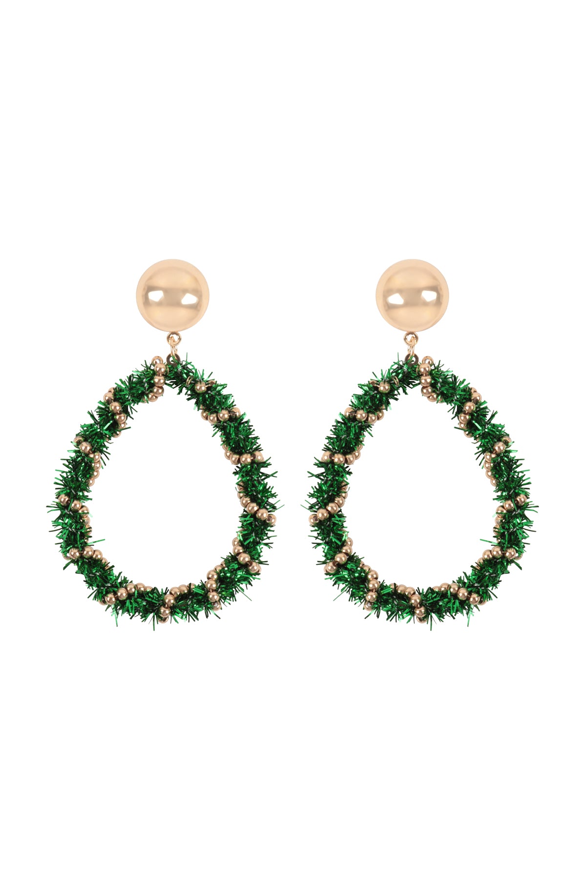 Christmas Wreath Tinsel Teardrop Shape Earrings Green