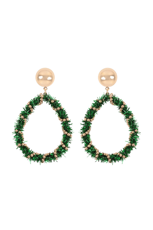 Christmas Wreath Tinsel Teardrop Shape Earrings Green