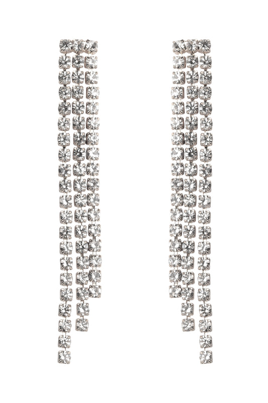 Rhinestone Line Fringe Drop Earrings Silver Crystal