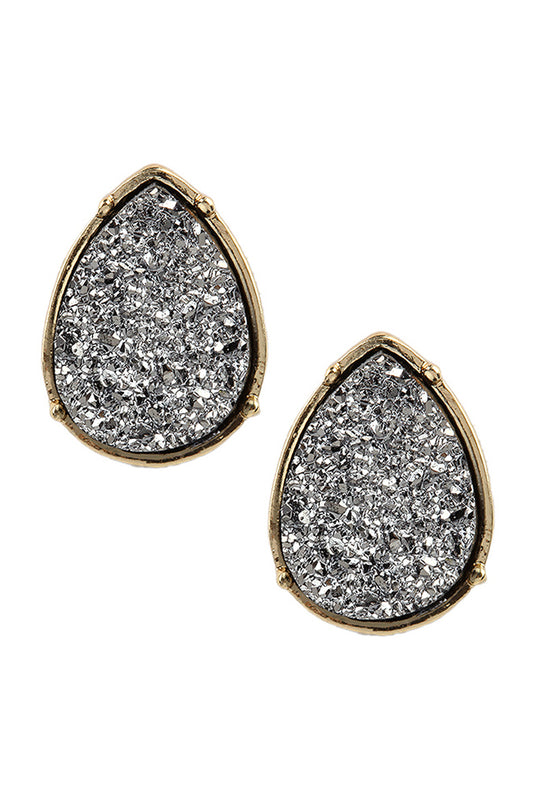 Druzy Teardrop Post Earrings Hematite