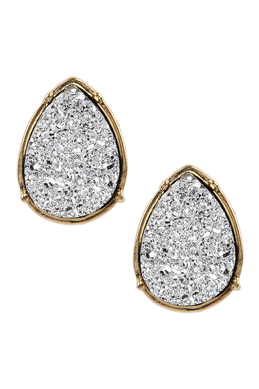 Druzy Teardrop Post Earrings Silver