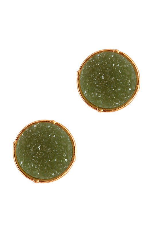 Druzy Post Round Earrings Olive