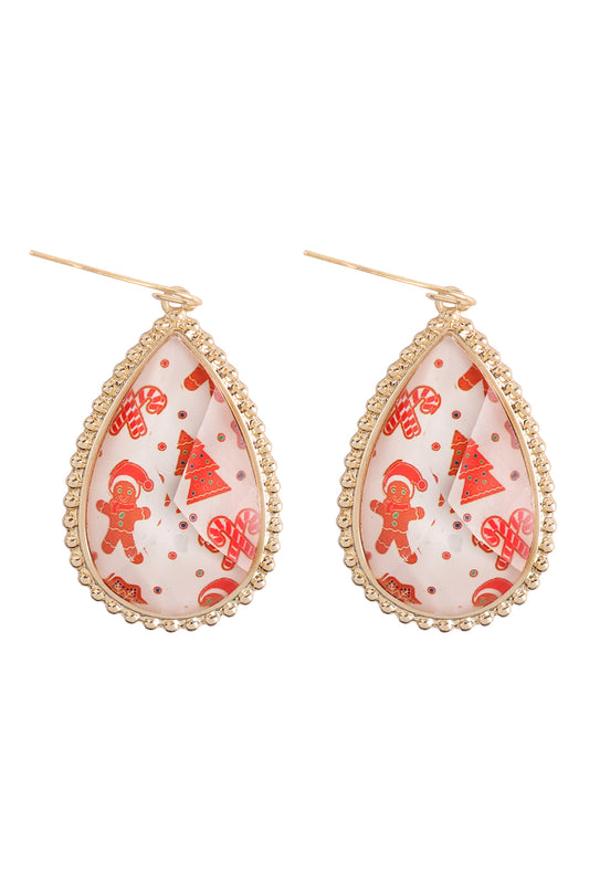 Christmas Cookies Epoxy Teardrop Fish Hook Earrings Gold White