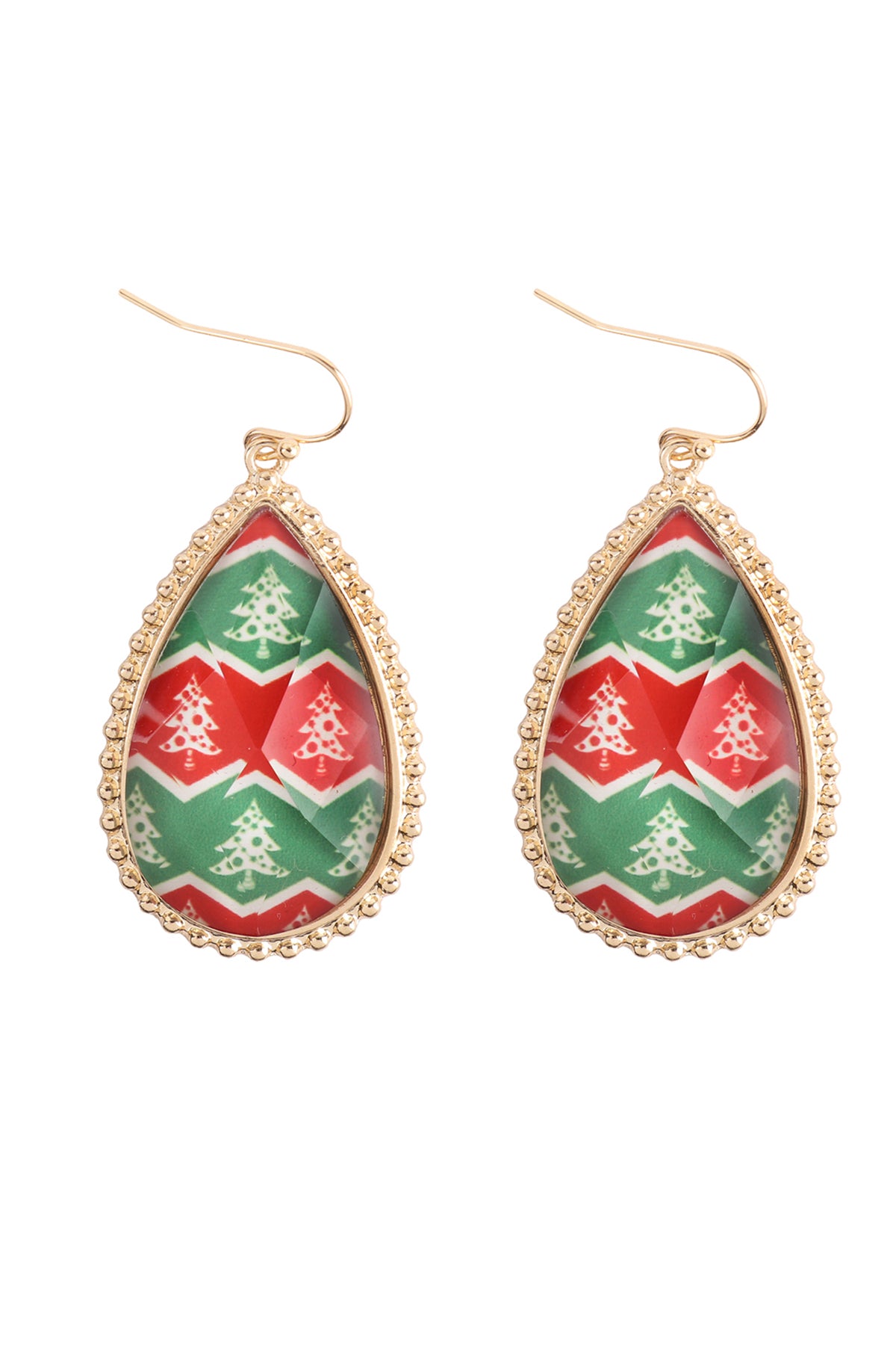Christmas Tree Epoxy Teardrop Fish Hook Earrings Gold Multicolor